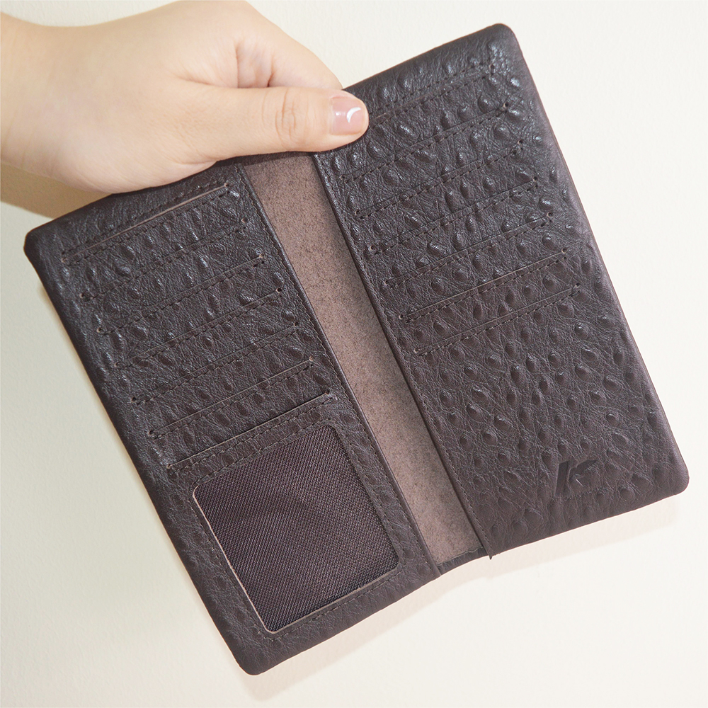 Mens Ultra Slim Profile Soft Bifold Brown Ostrich Leather Wallet for Card