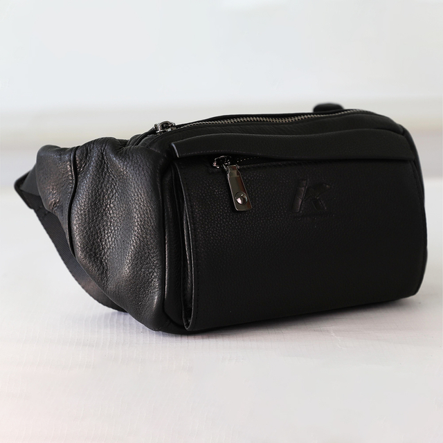 Black Fanny Pack for Men Genuine Leather Waist Bag Multiple Pockets Metal Zippers Belt Bag
