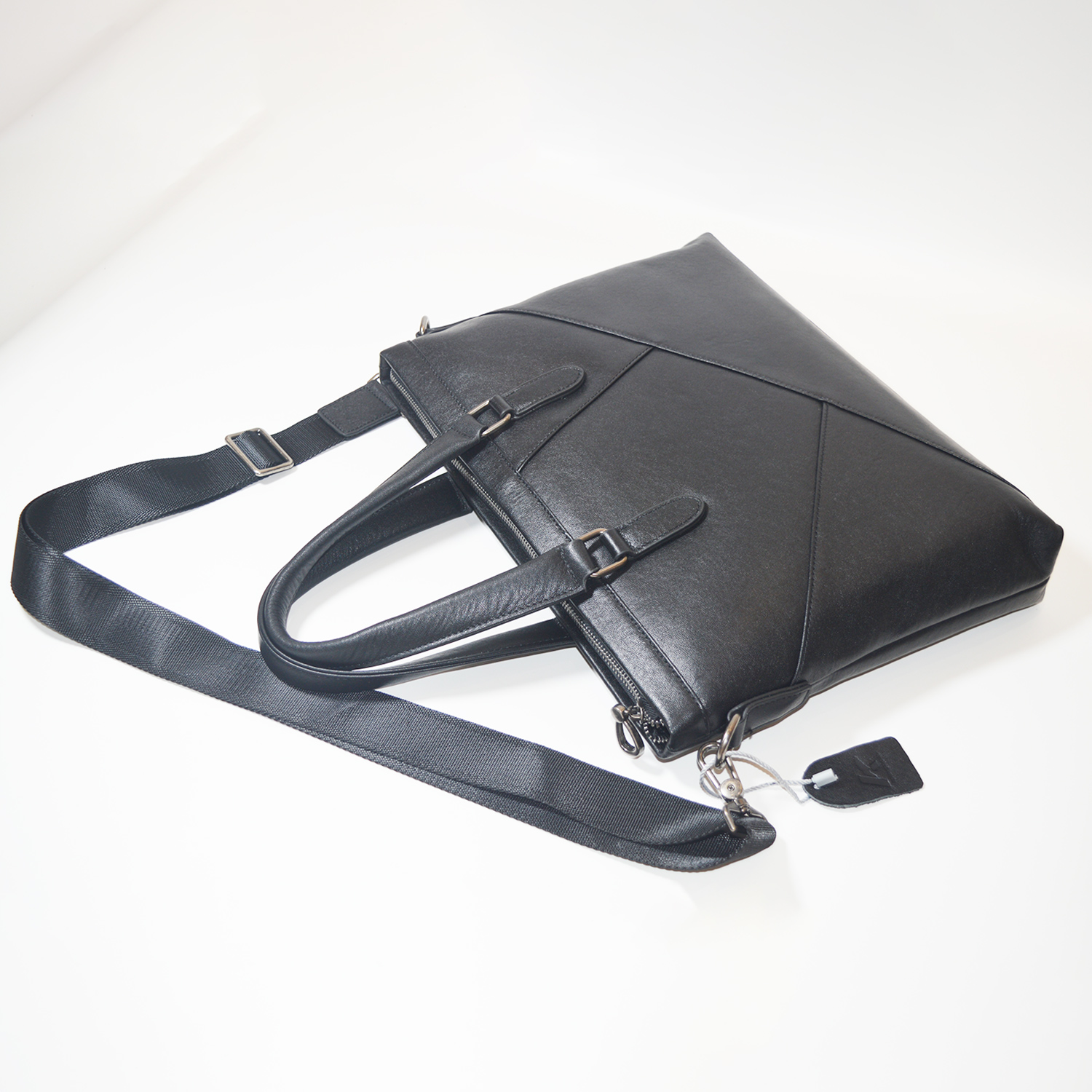 Geometric Pattern Design Cowhide Genuine Leather Briefcase Shoulder Laptop Business Slim Bags for Men & Women Black