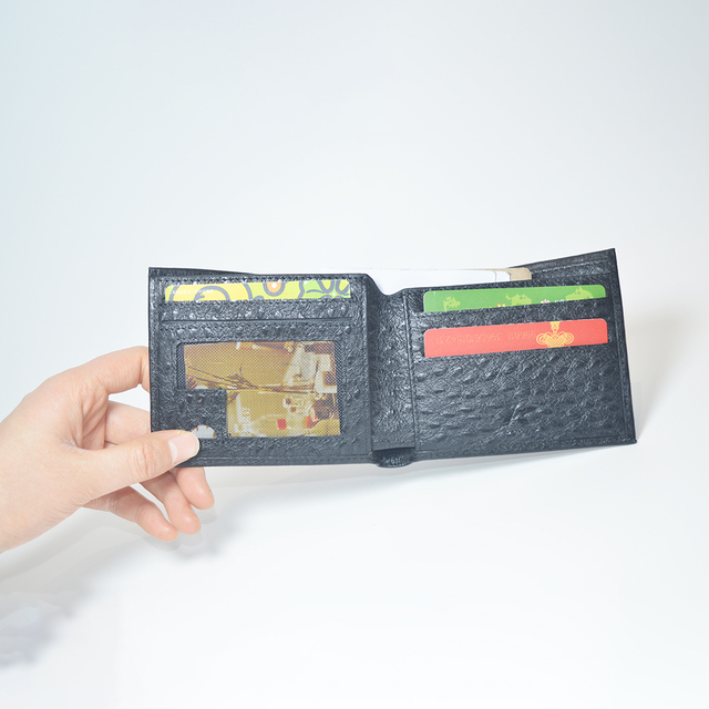 Mens Womens Ultra Slim Soft Black Ostrich Leather Minimalist Wallet